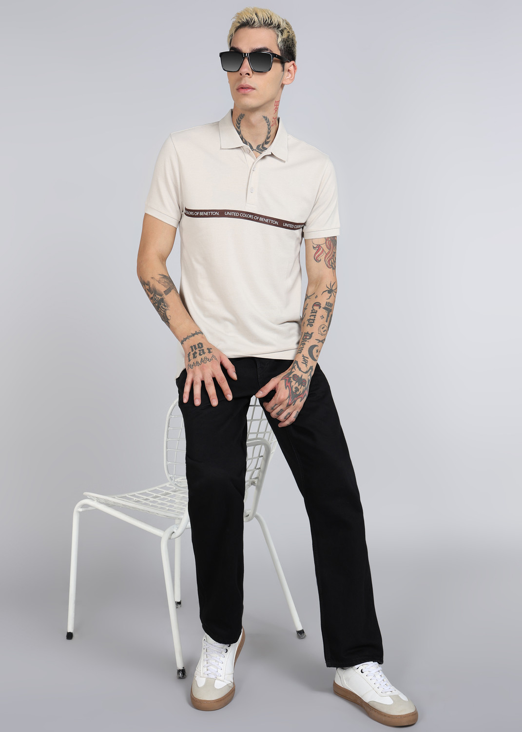 Image of United Colors of Benetton Printed Men Polo Neck Beige T-Shirt