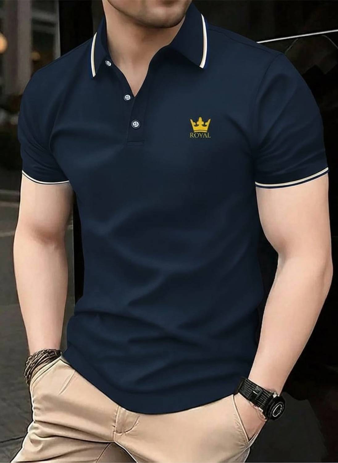AACHIPAN Printed Men Polo Neck Dark Blue T-Shirt