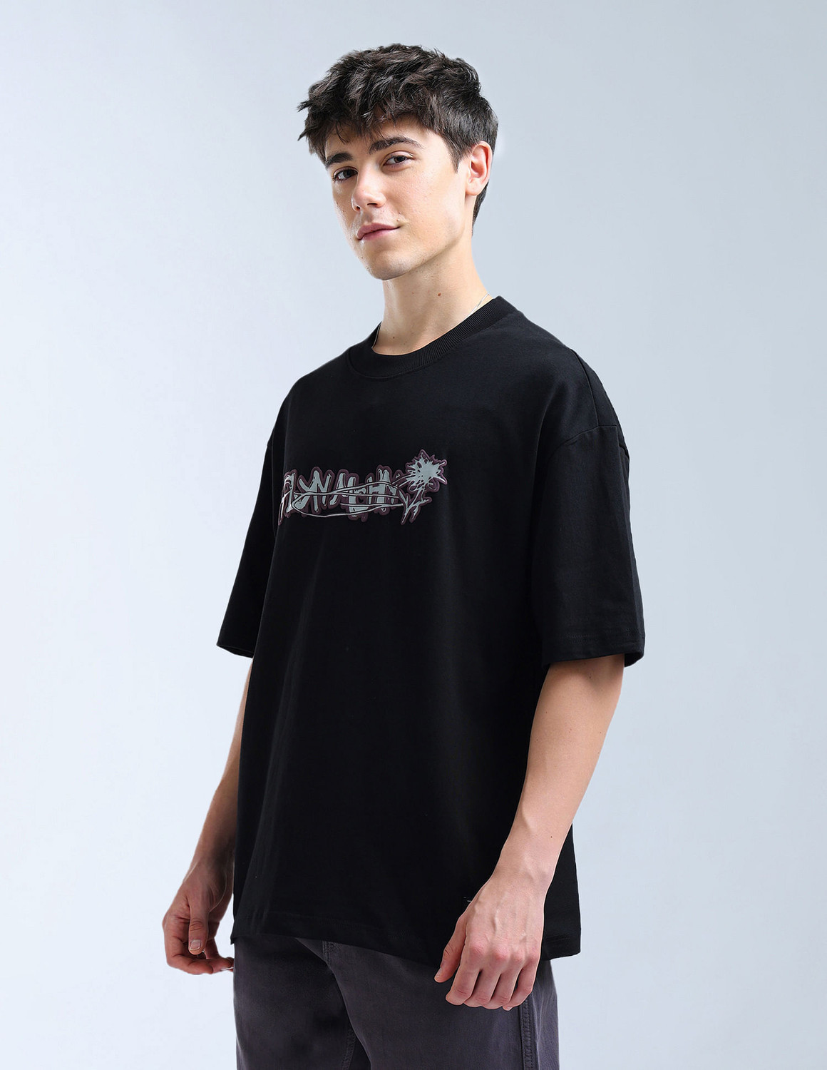 Image of FLYING MACHINE Men Graphic Print Round Neck Pure Cotton Black T-Shirt