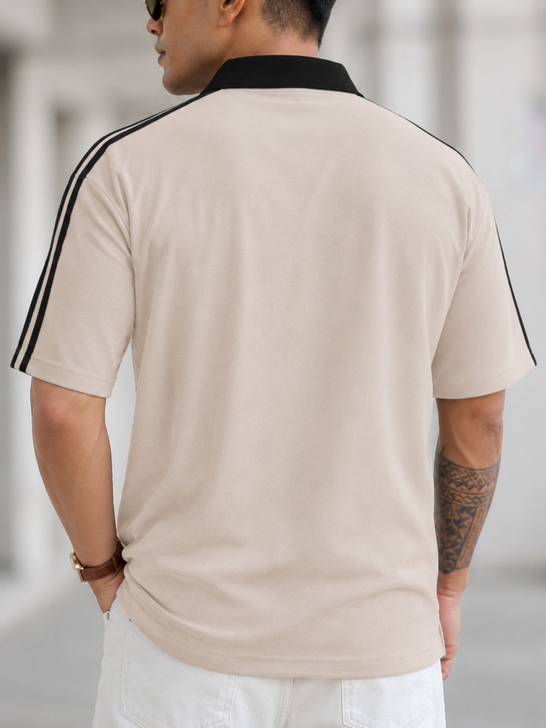 Image of Jump Cuts Printed Men Zip Neck Beige T-Shirt