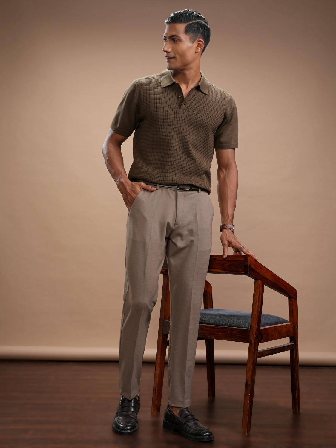 Image of HIGHLANDER Self Design Men Polo Neck Brown T-Shirt