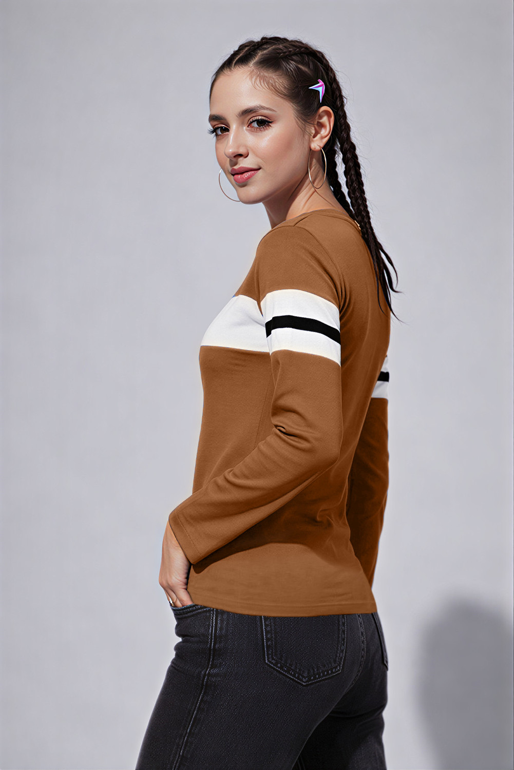 Image of THE DRY STATE Colorblock Women Round Neck Brown, White T-Shirt