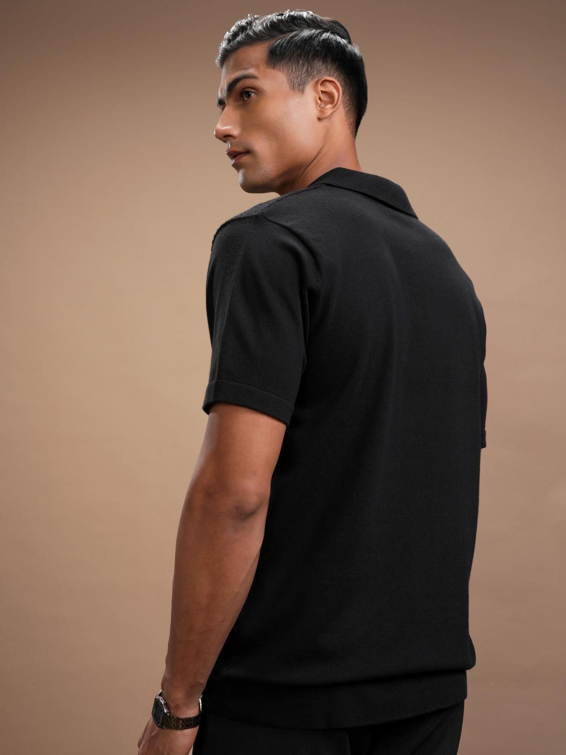 Image of HIGHLANDER Self Design Men Polo Neck Black T-Shirt