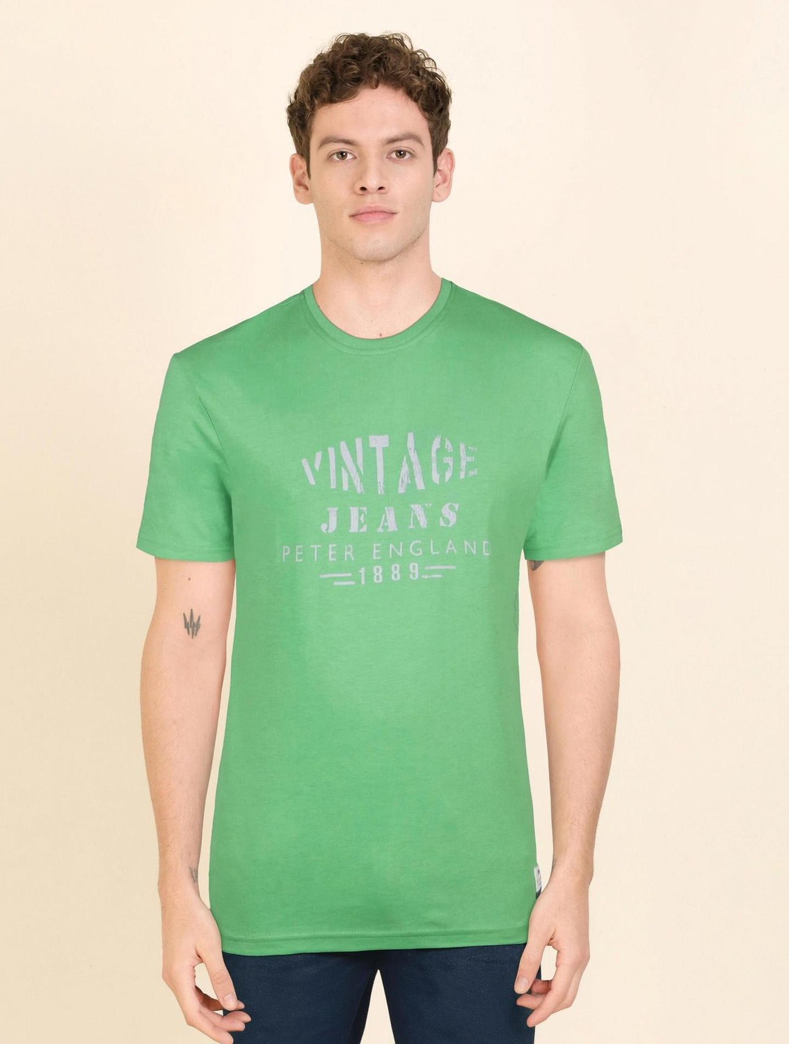 Image of PETER ENGLAND Printed Men Round Neck Green, Grey T-Shirt