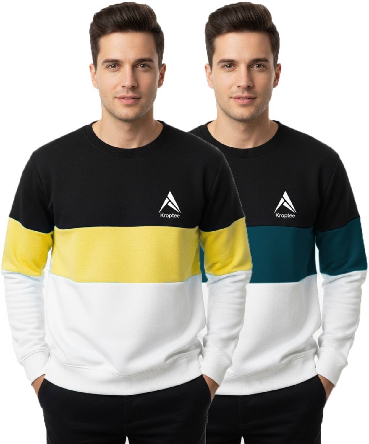 Kroptee Pack of 2 Men Colorblock Round Neck Cotton Blend Multicol
