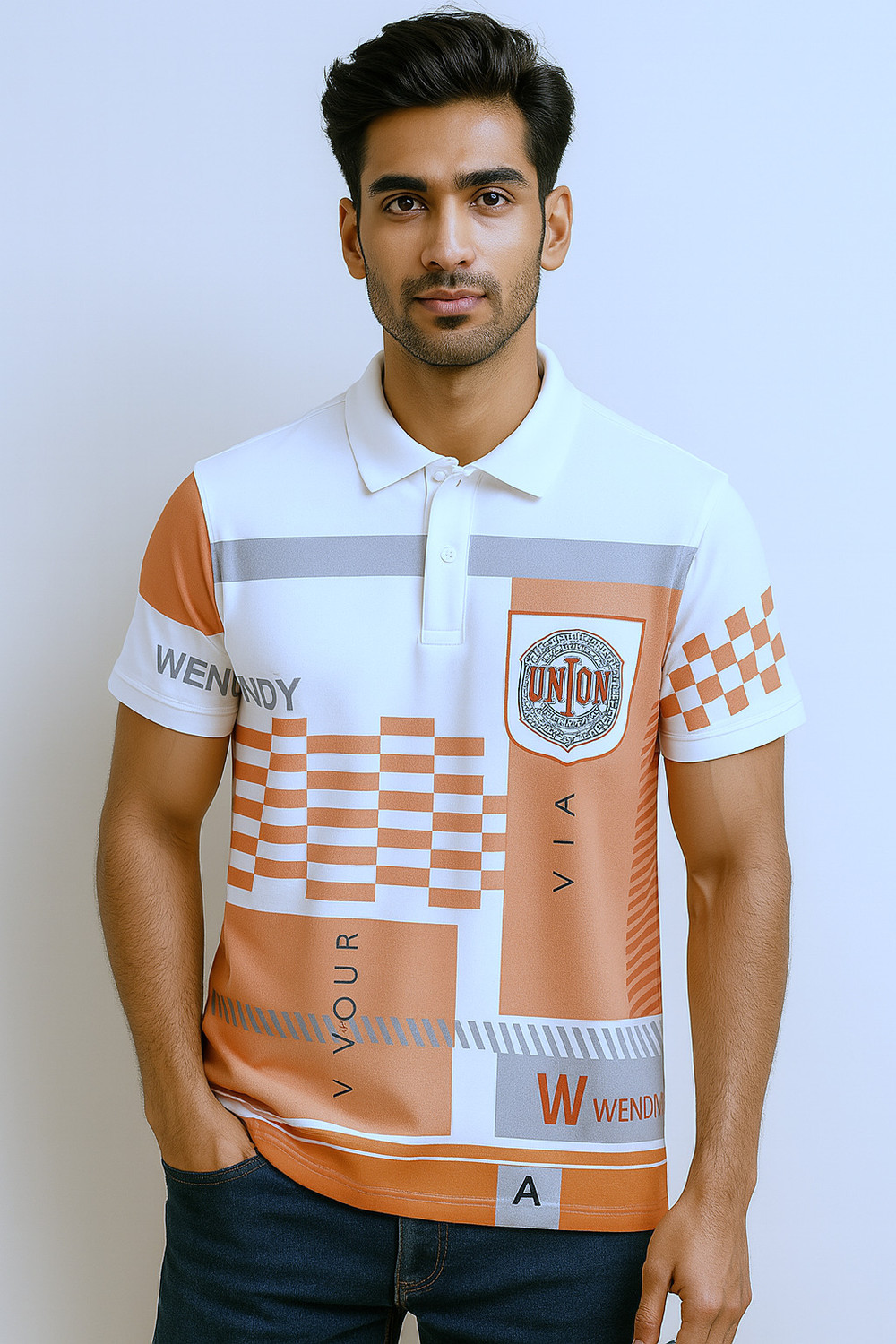 Image of Try This Printed Men Polo Neck White, Orange T-Shirt