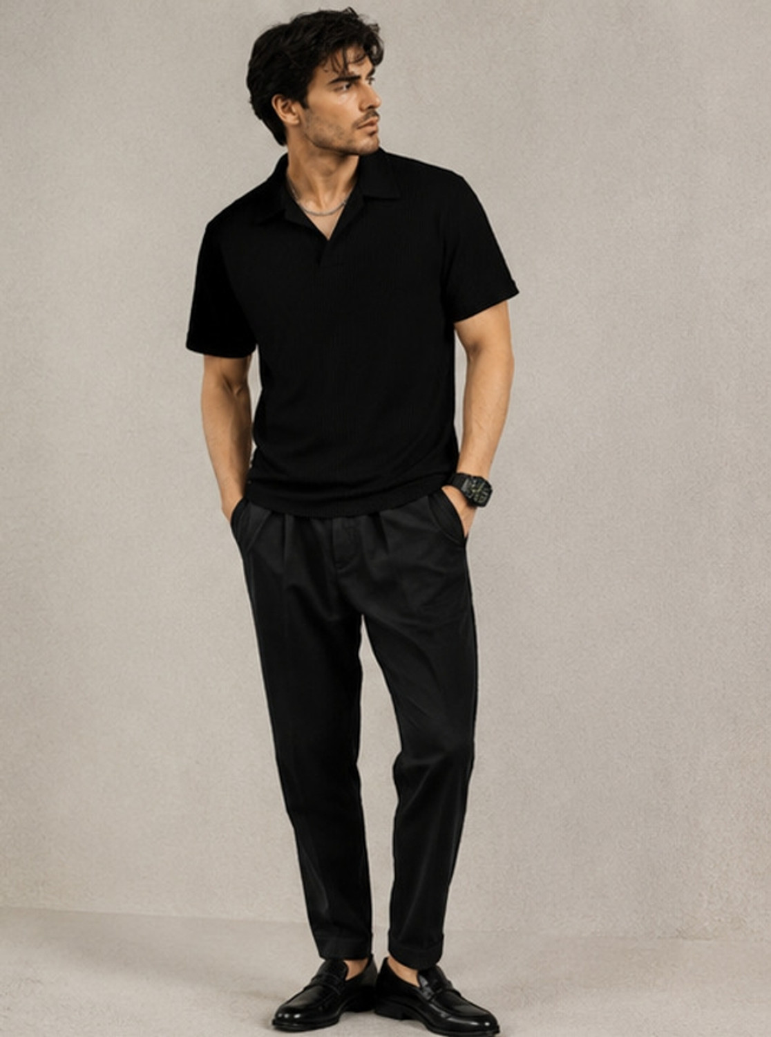 Image of NOOK Self Design Men Polo Neck Black T-Shirt