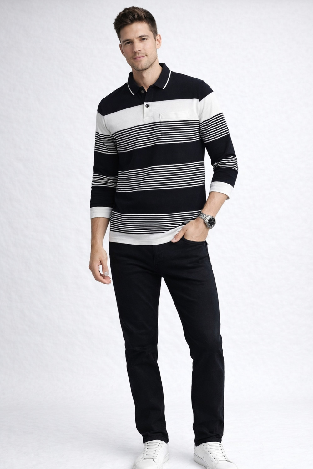 Image of SANE ORIGINALS Striped Men Polo Neck Black, White T-Shirt
