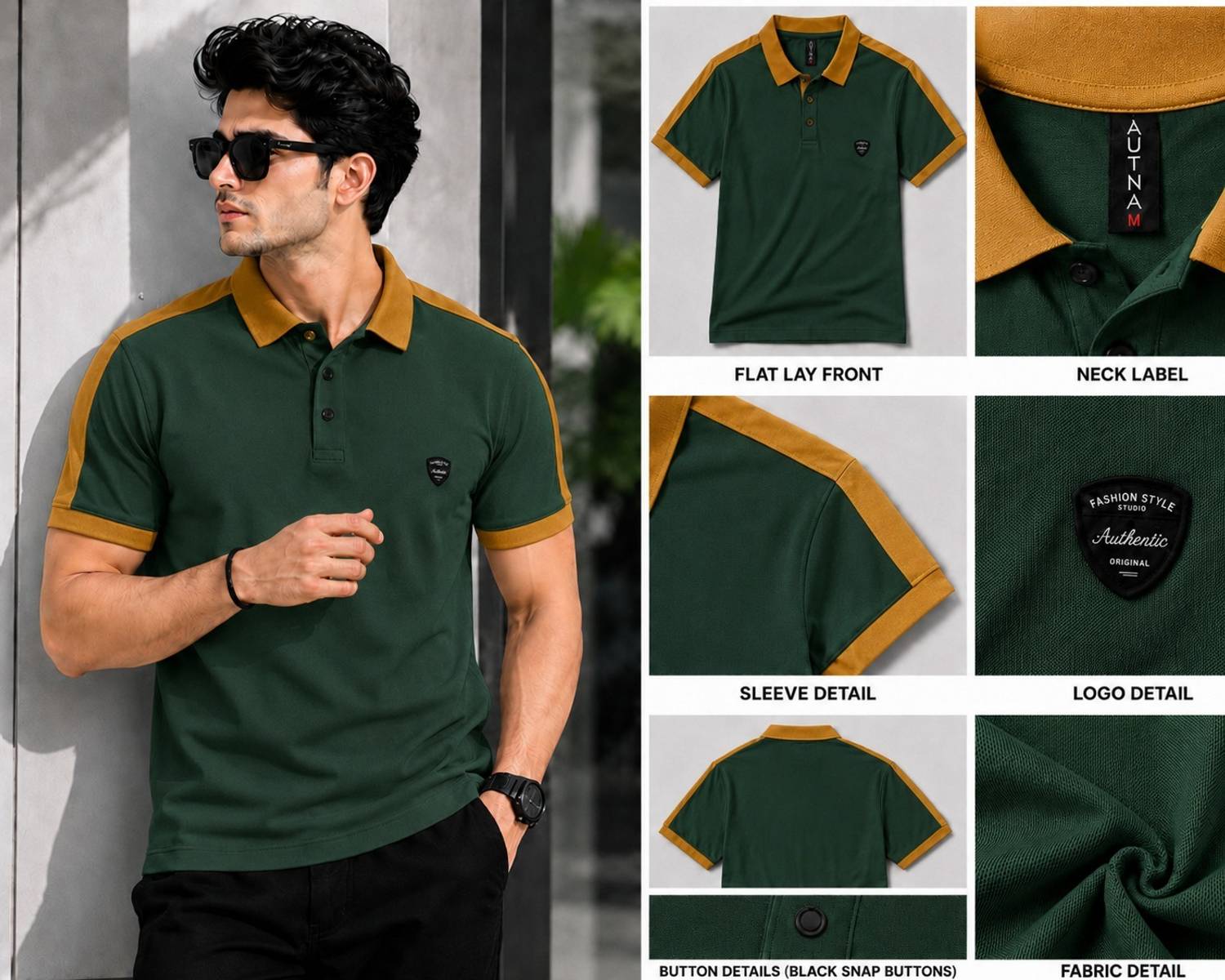 AUTNAA Embroidered Men Polo Neck Dark Green T-Shirt - Image 3