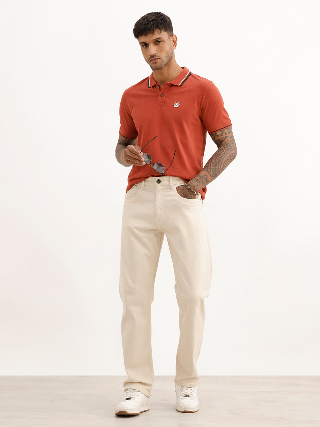 Image of WROGN Men Solid Polo Neck Pure Cotton Red T-Shirt