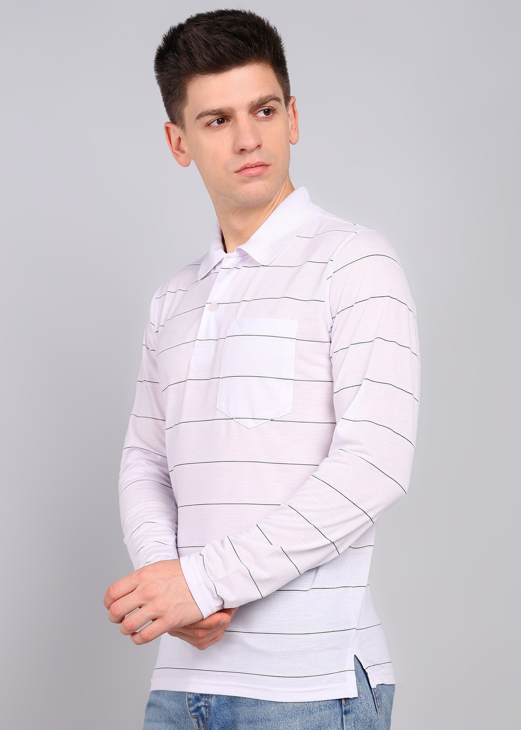 Image of INKKR Striped Men Polo Neck White T-Shirt