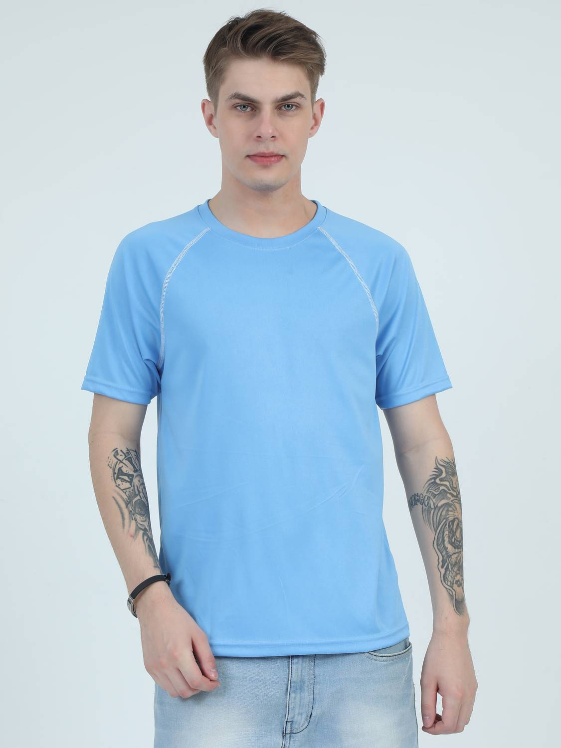 Checks & Squires Solid Men Round Neck Light Blue T-Shirt