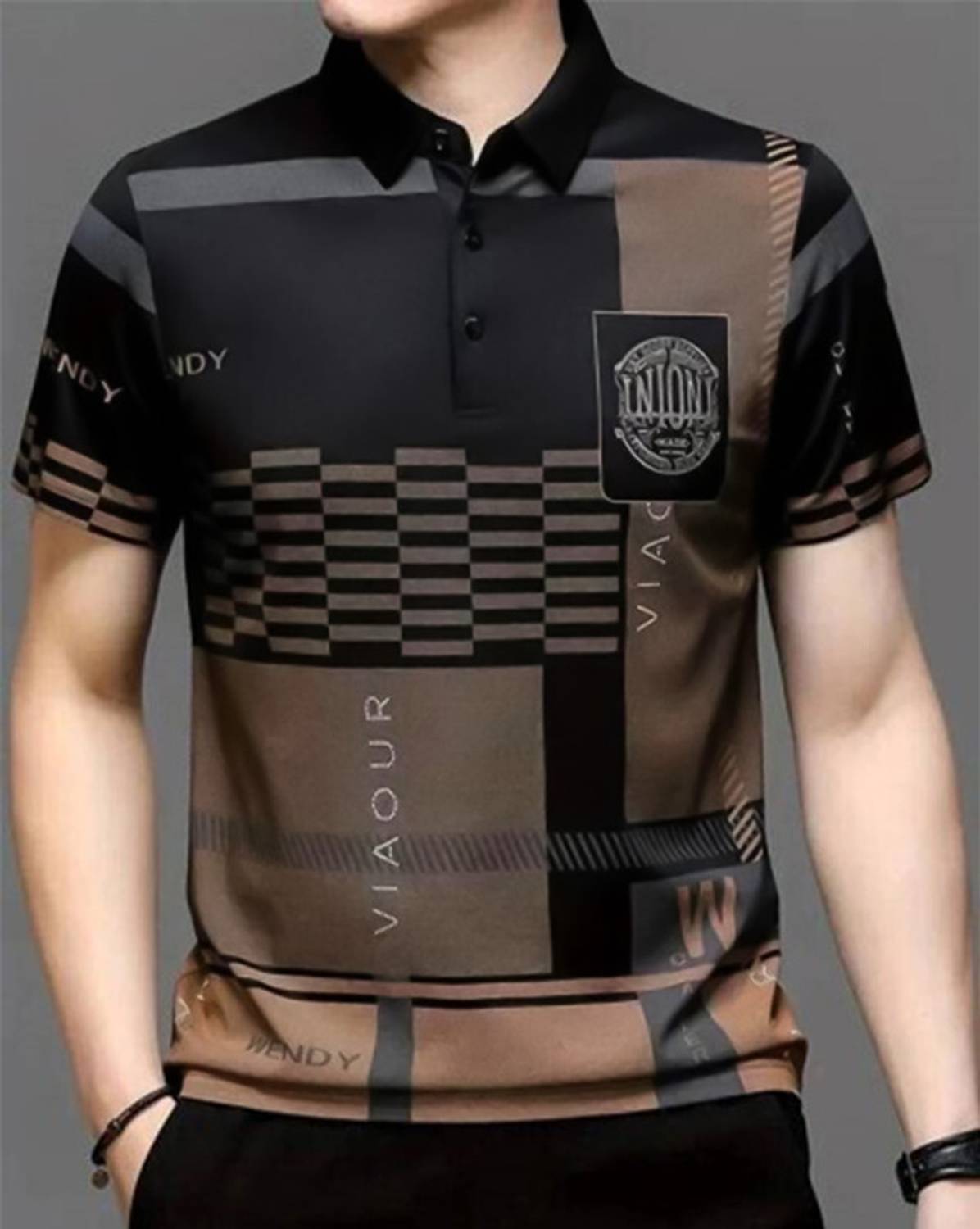 ENITOR Men Graphic Print Polo Neck Cotton Blend Black T-Shirt