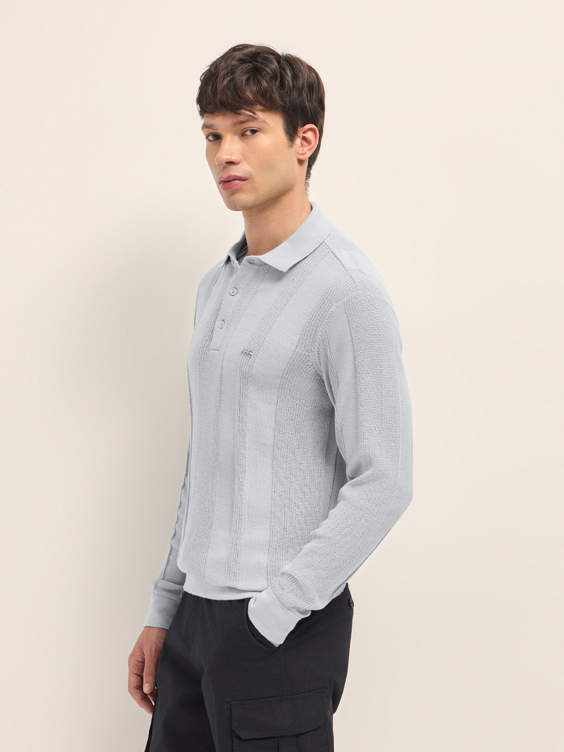 Image of THE BEAR HOUSE Striped Men Polo Neck Grey T-Shirt