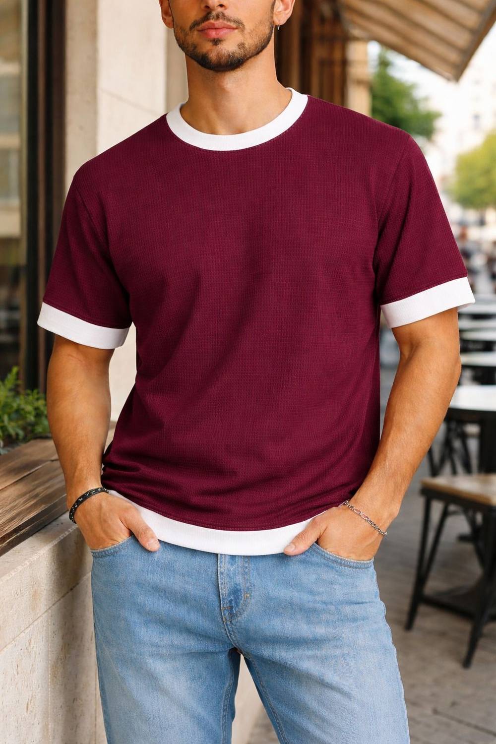 AZIZAN Men Maroon Round Neck T-Shirt - Image 3