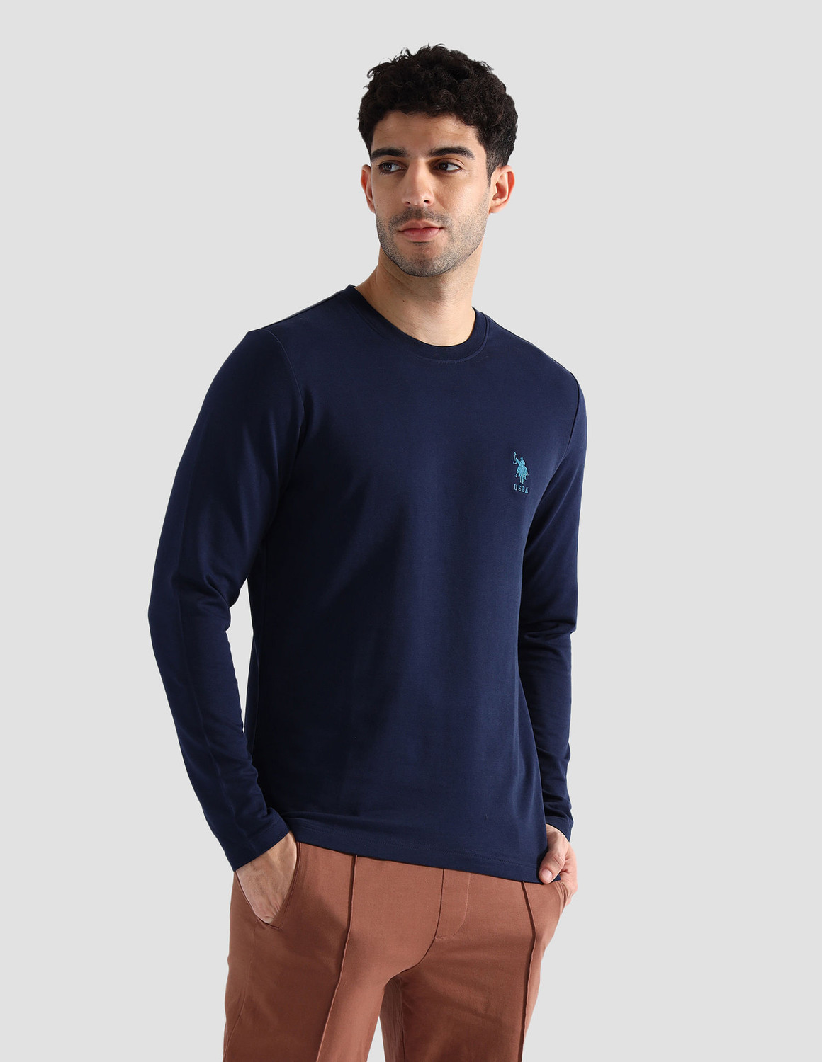 Image of U.S. POLO ASSN. Solid Men Crew Neck Blue T-Shirt
