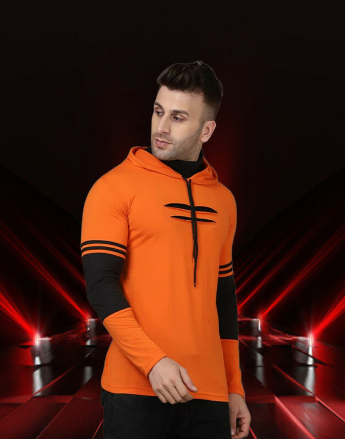 Image of Panda Bear Men Colorblock Hooded Neck Cotton Blend Orange T-Shirt