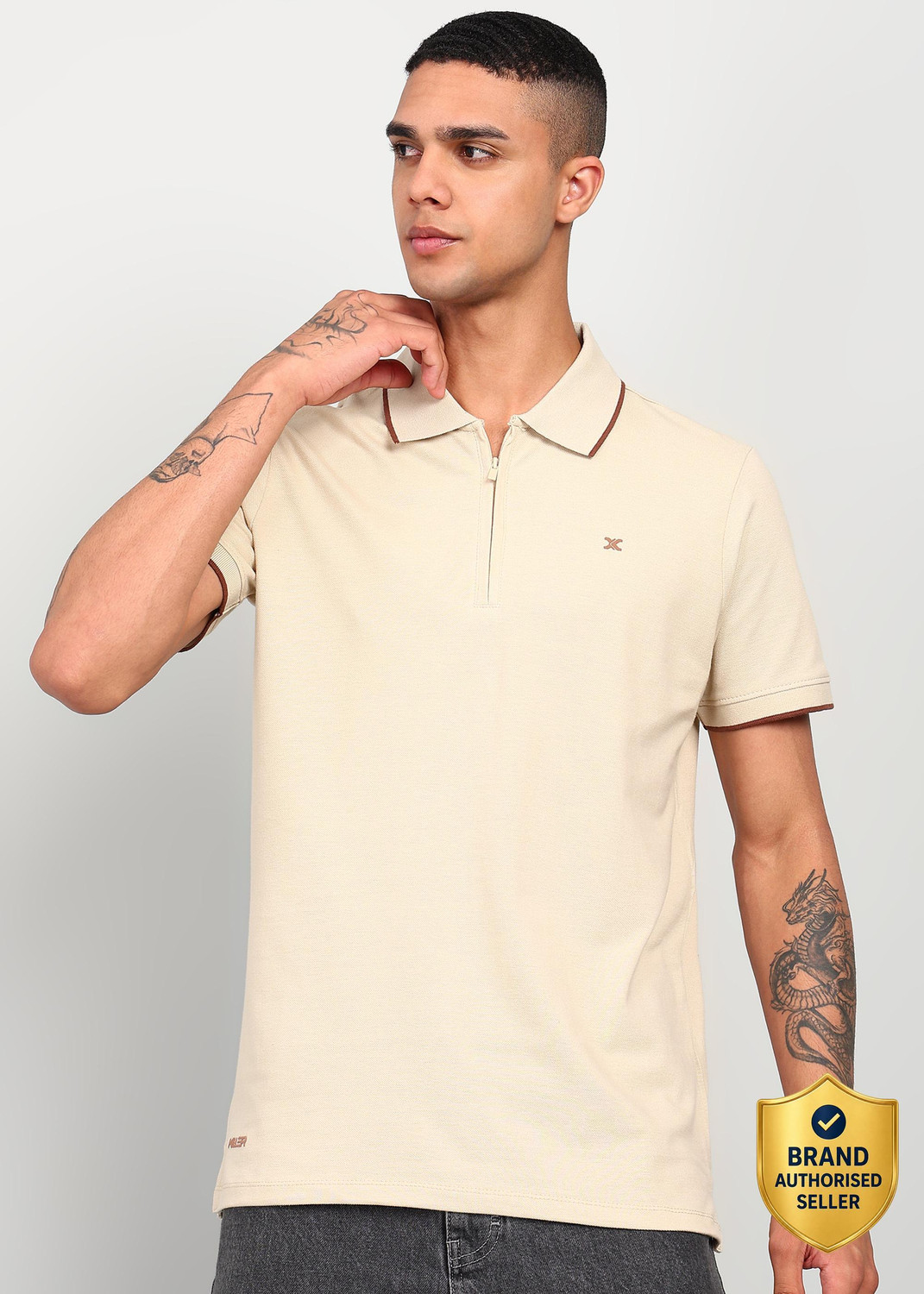 Image of KILLER Solid Men Polo Neck Beige T-Shirt