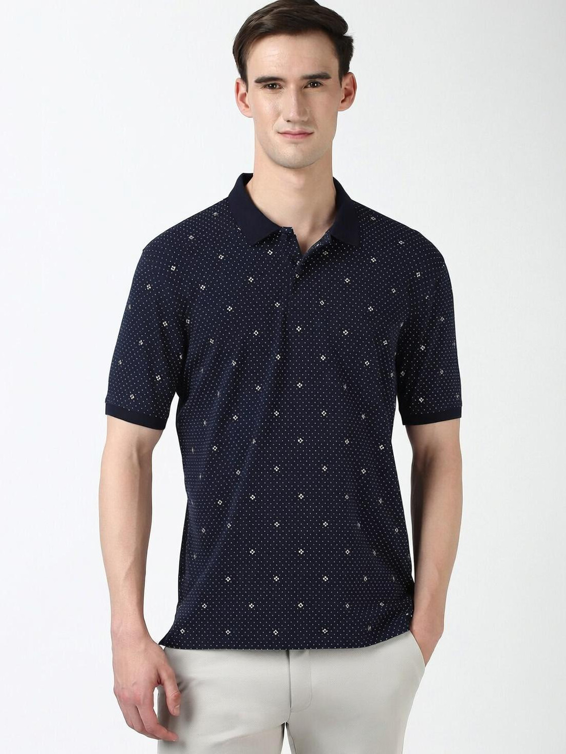 Image of PETER ENGLAND Printed Men Polo Neck Blue T-Shirt