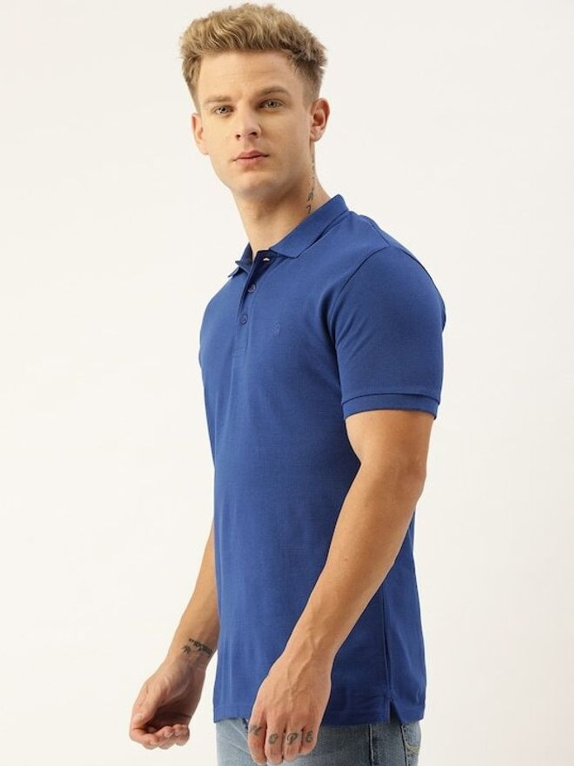 Image of United Colors of Benetton Solid Men Polo Neck Blue T-Shirt