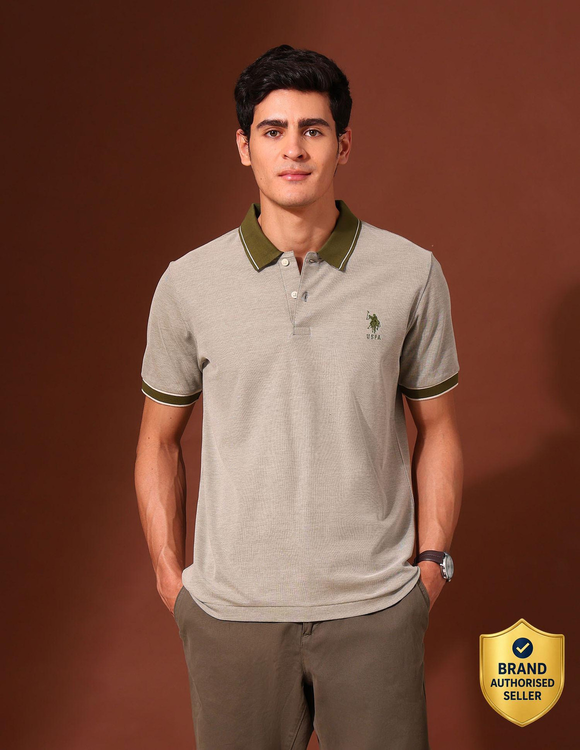 Image of U.S. POLO ASSN. Solid Men Polo Neck Green T-Shirt