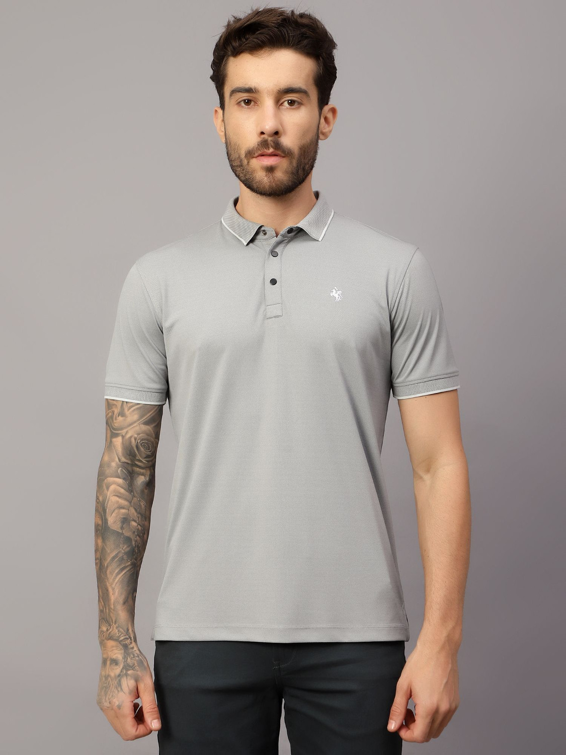Image of CANTABIL Solid Men Polo Neck Grey T-Shirt