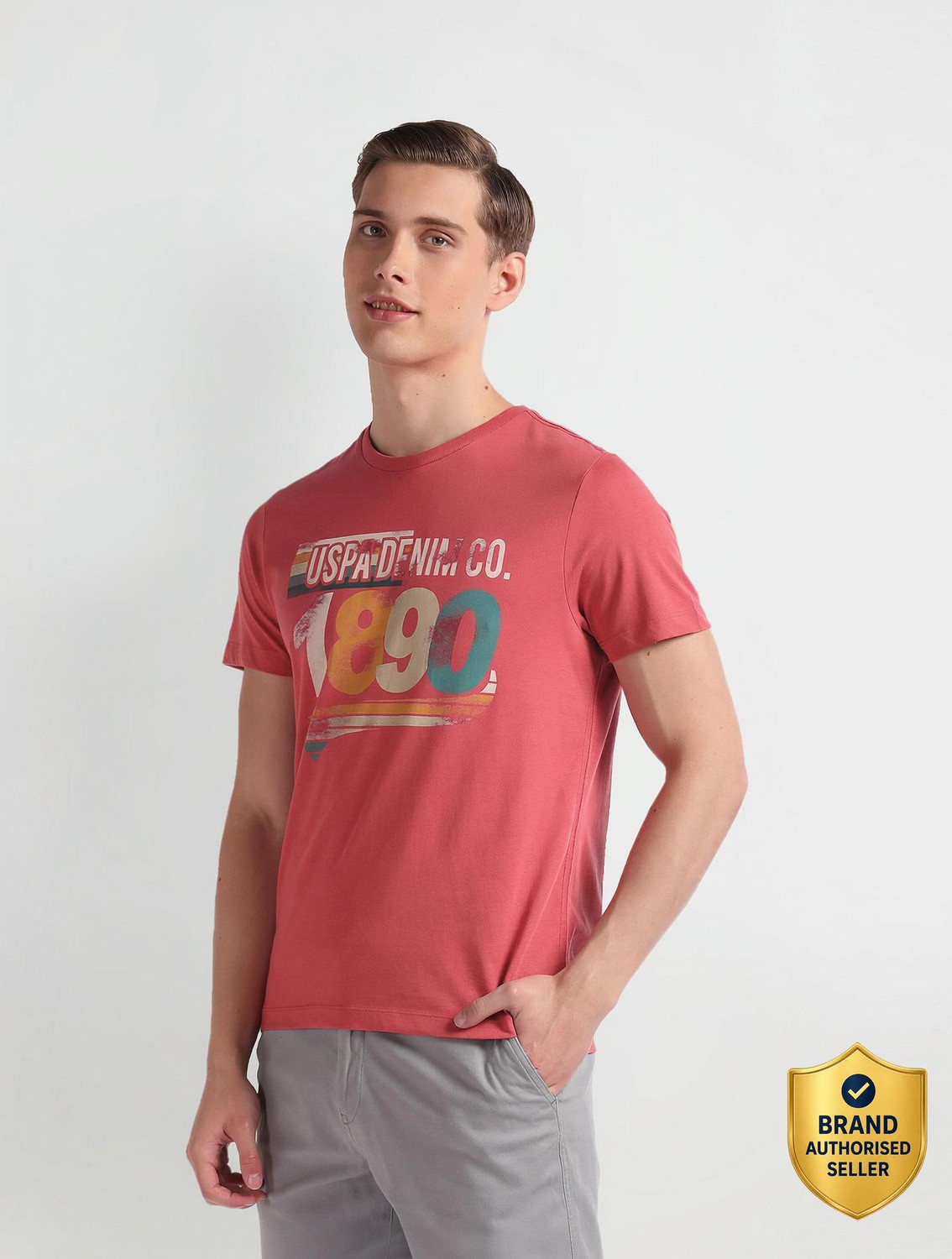Image of U.S. POLO ASSN. Typography Men Round Neck Pink T-Shirt