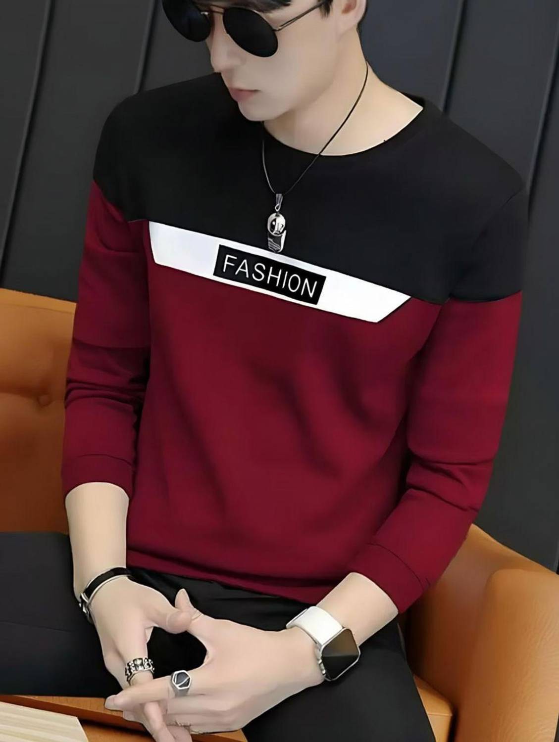 AUTNAA Colorblock Men Round Neck Maroon, Black T-Shirt