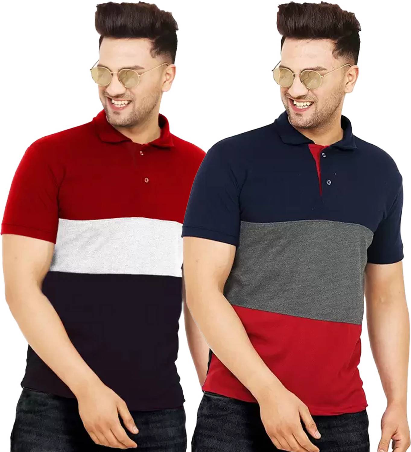 Leotude Men Colorblock Polo Neck Cotton Blend Multicolor T-Shirt