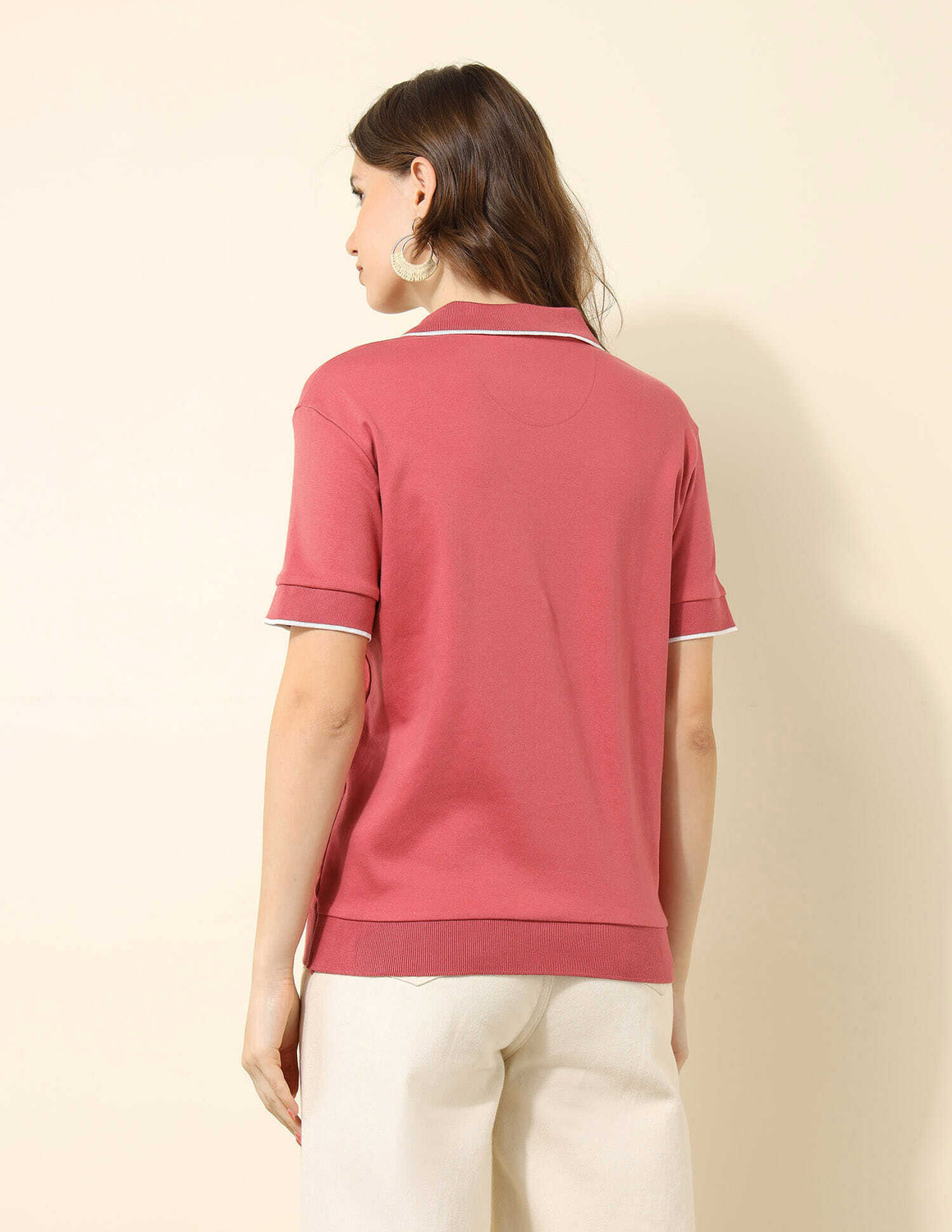 Image of U.S. POLO ASSN. Solid Women Polo Neck Pink T-Shirt