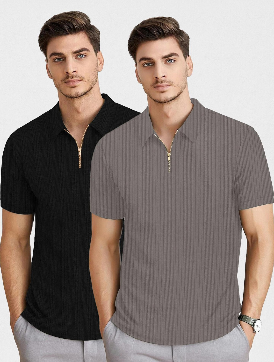 Image of KAJARU Self Design Men Zip Neck Black, Grey T-Shirt