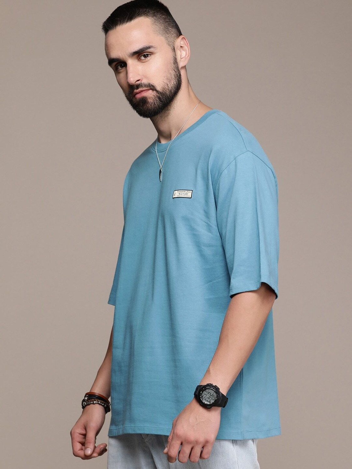 Image of Roadster Solid Men Round Neck Blue T-Shirt