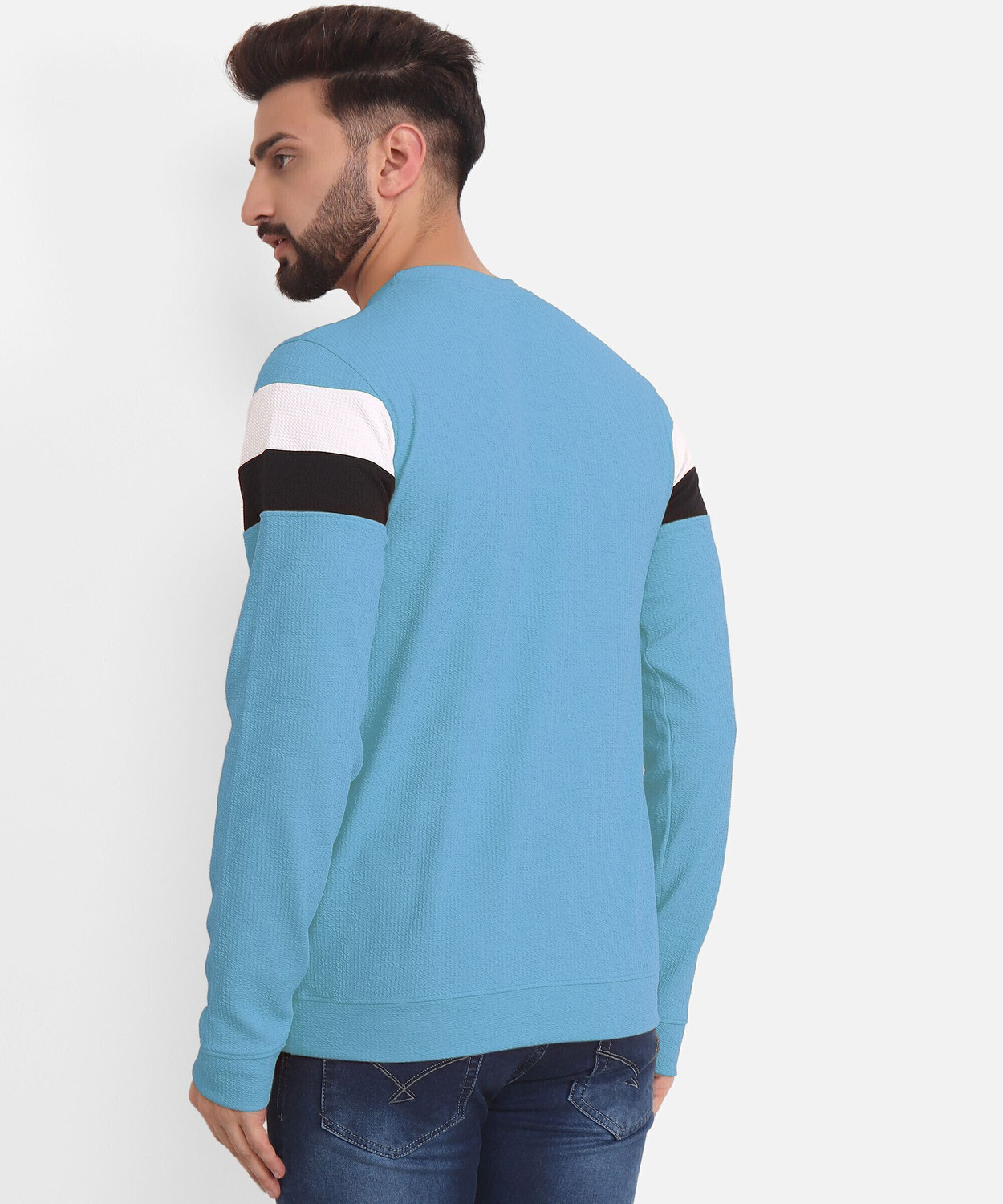 Image of HEXACRAFT Striped Men Round Neck Light Blue T-Shirt
