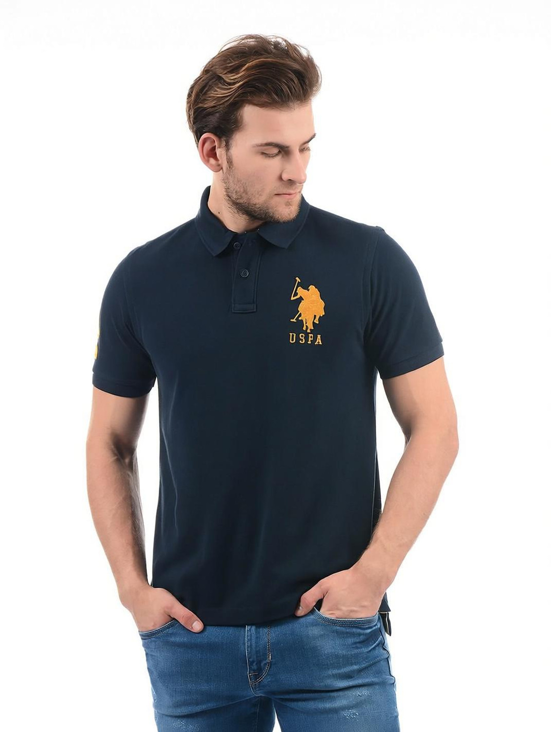 Image of U.S. POLO ASSN. Solid Men Polo Neck Dark Blue T-Shirt