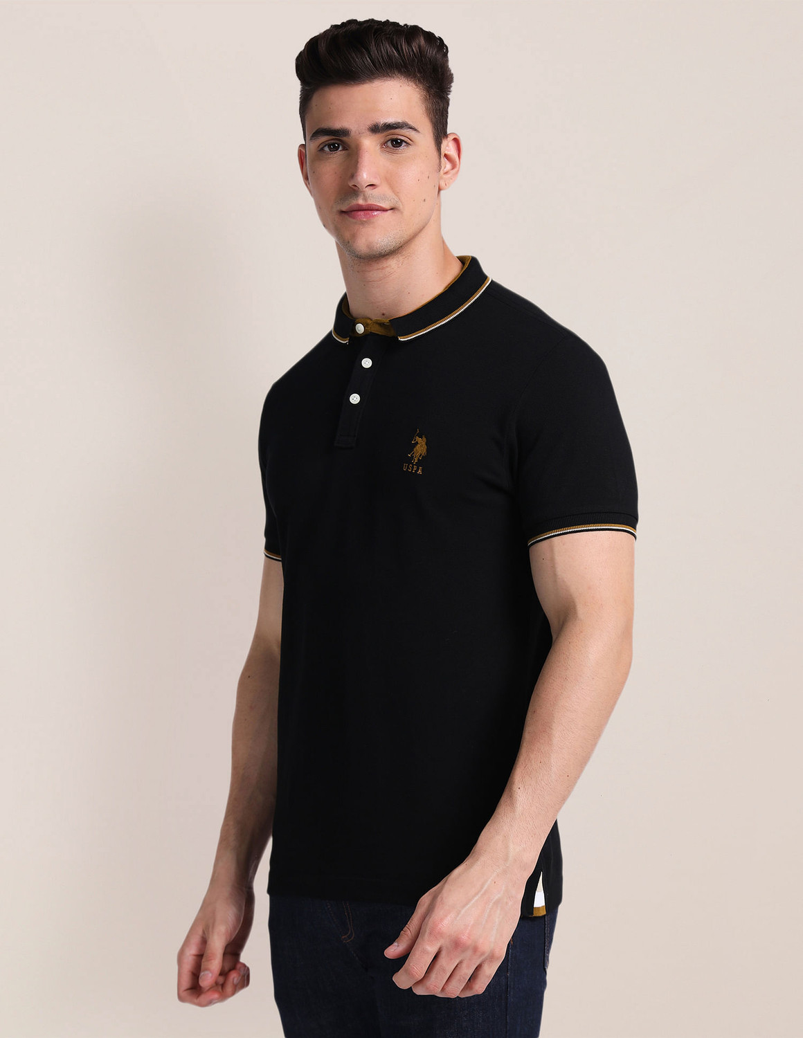 Image of U.S. POLO ASSN. Solid Men Polo Neck Black T-Shirt