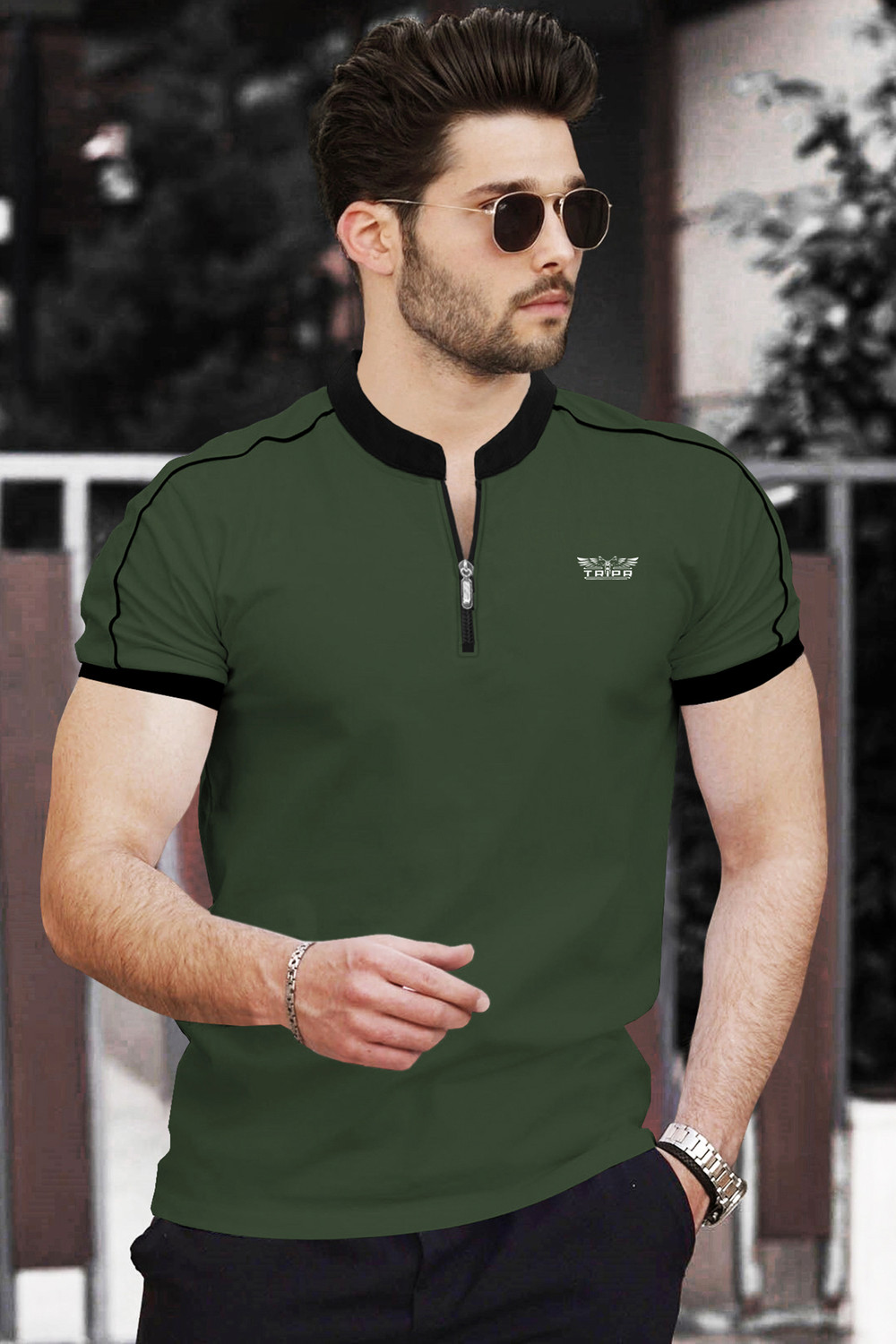 Image of TRIPR Printed Men Mandarin Collar Dark Green, Black T-Shirt