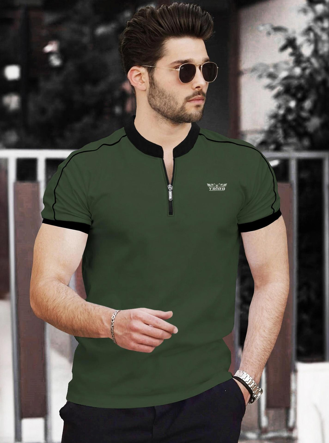 Image of TRIPR Printed Men Mandarin Collar Dark Green, Black T-Shirt
