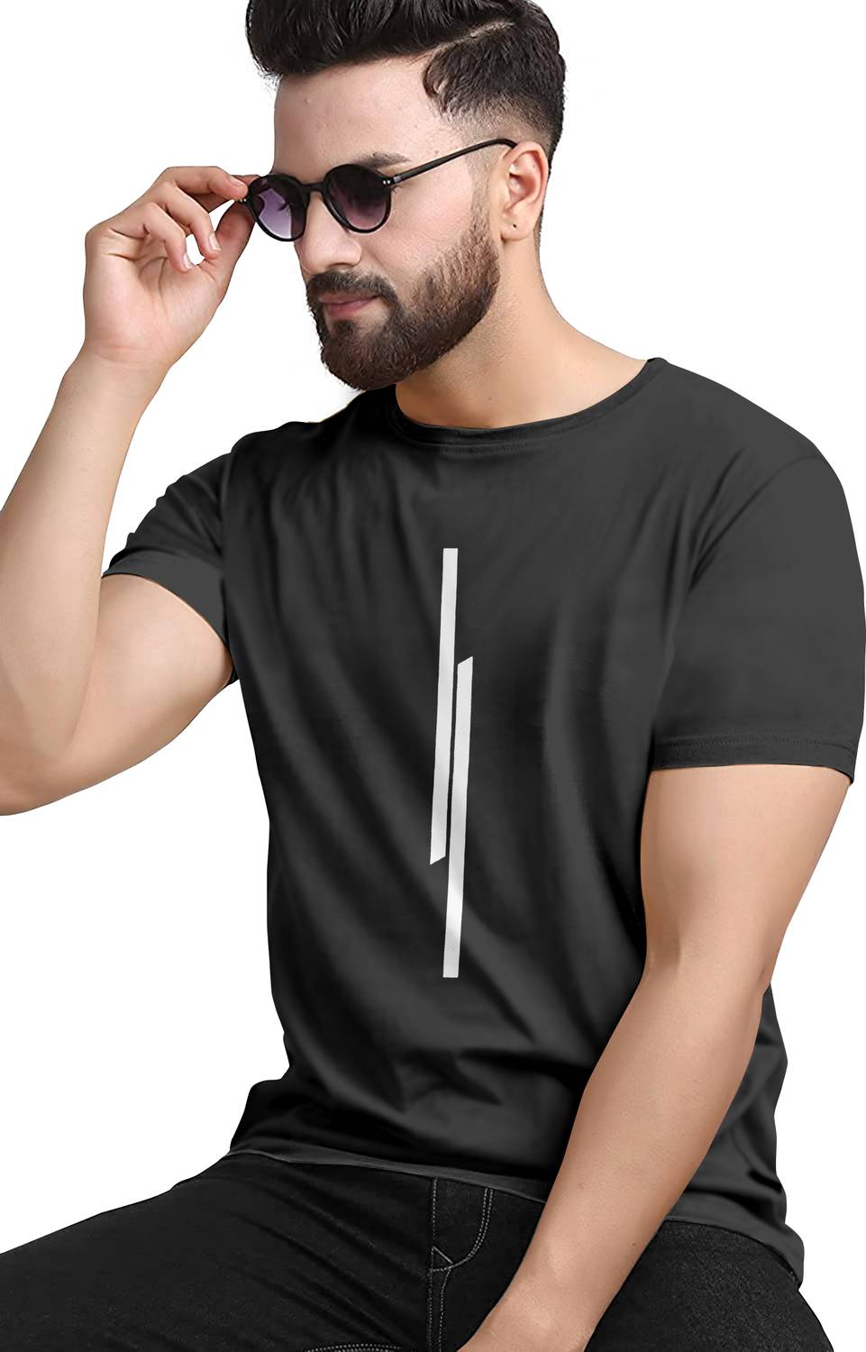KAJARU TSRT-03-BLACK Men Striped Round Neck Polyester Black T-Shi