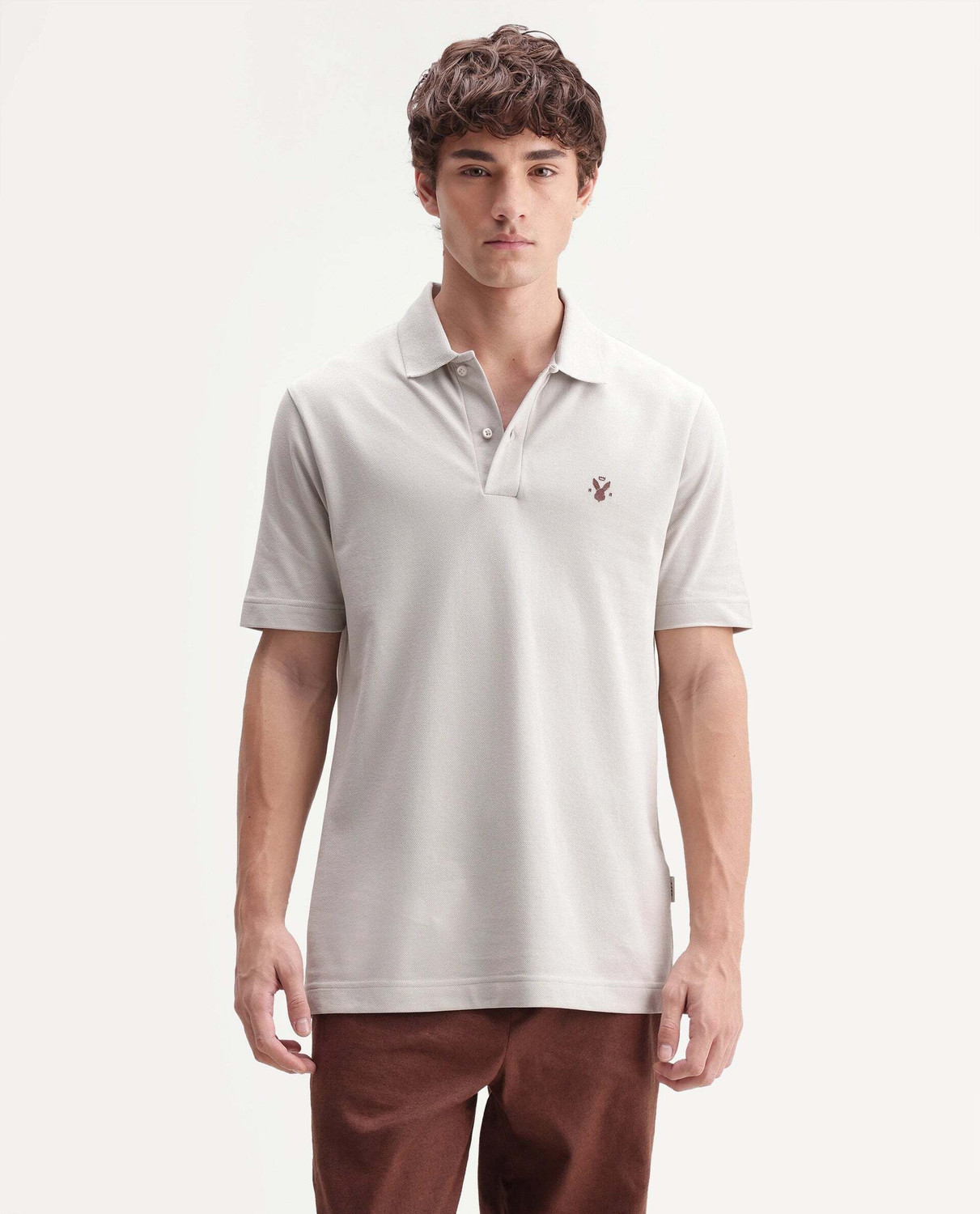 Image of RARE RABBIT Solid Men Mandarin Collar Grey T-Shirt