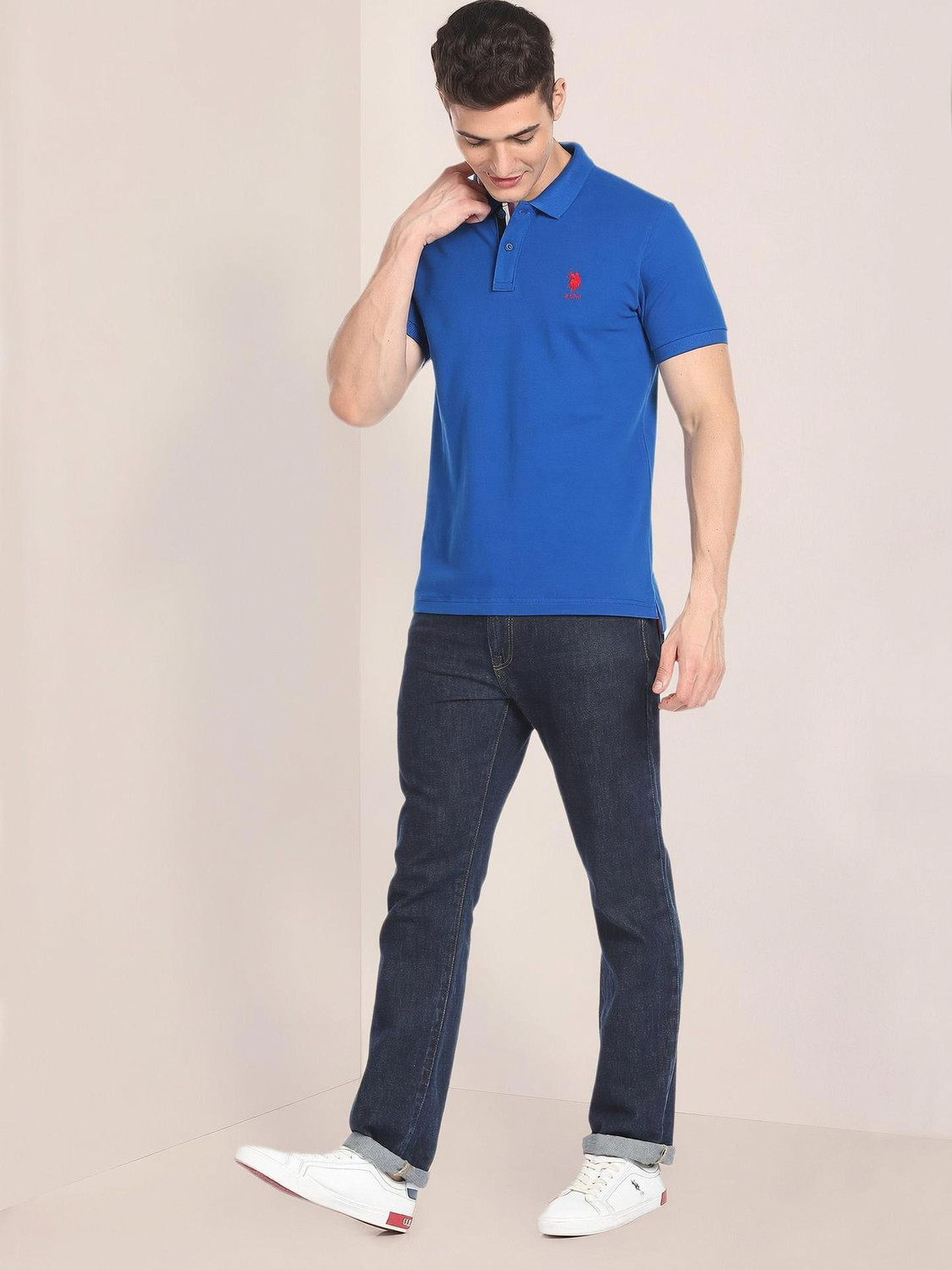 Image of U.S. POLO ASSN. Solid Men Polo Neck Blue T-Shirt