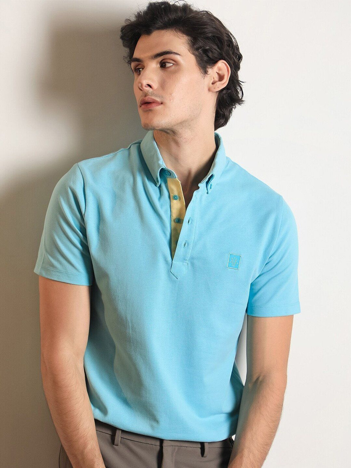 Image of RARE RABBIT Solid Men Polo Neck Blue T-Shirt