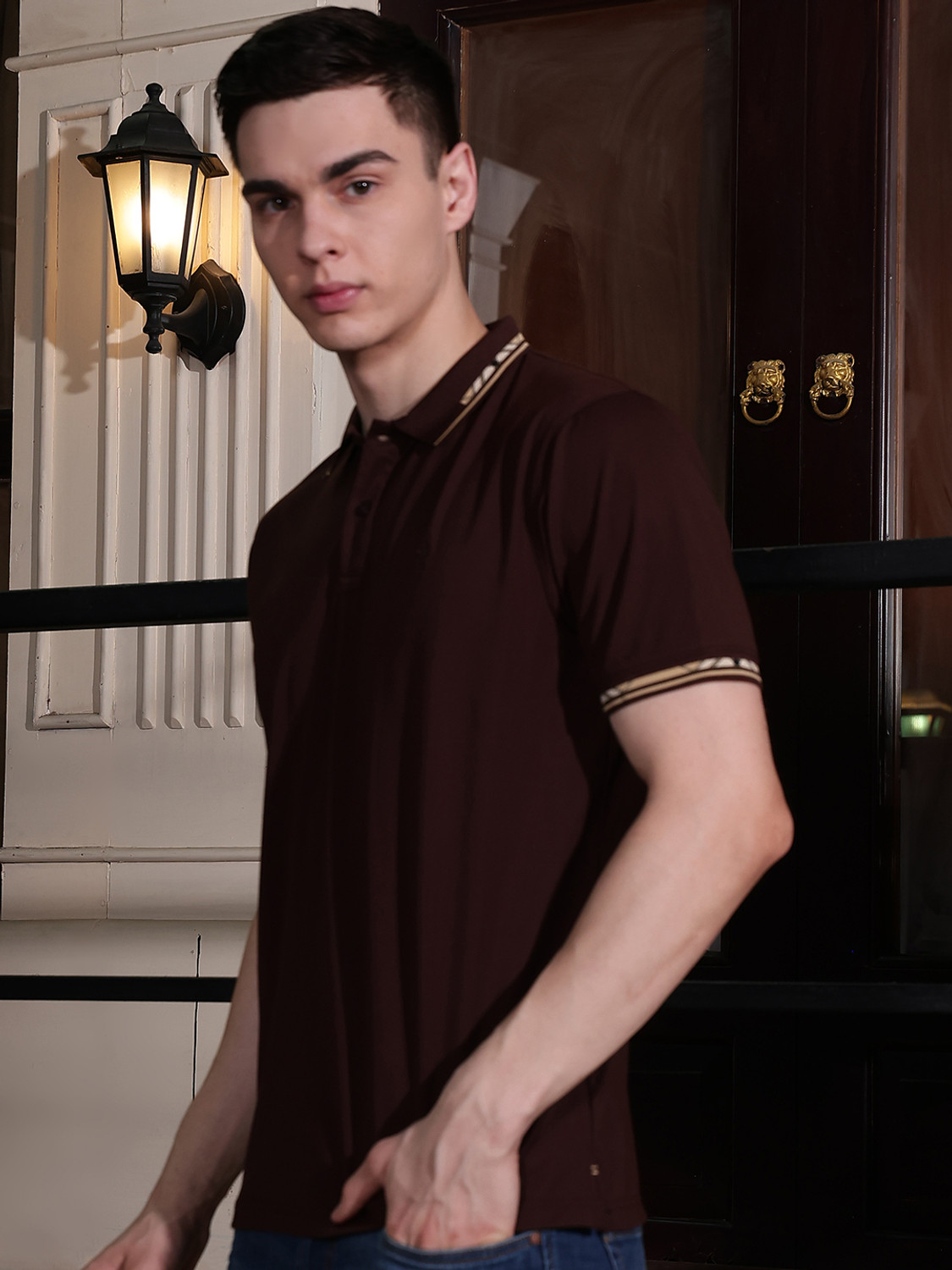 Image of CRIMSOUNE CLUB Solid Men Polo Neck Brown T-Shirt