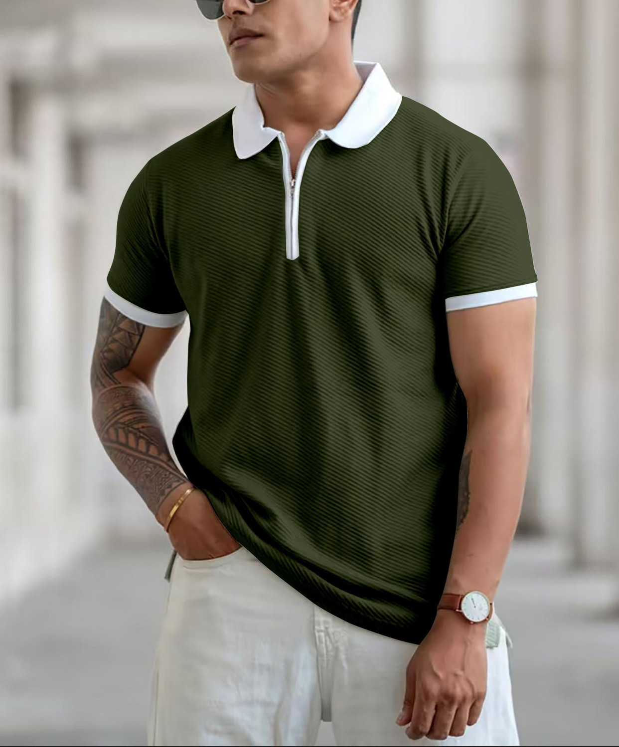 Image of COMBRAIDED Self Design Men Polo Neck Green T-Shirt