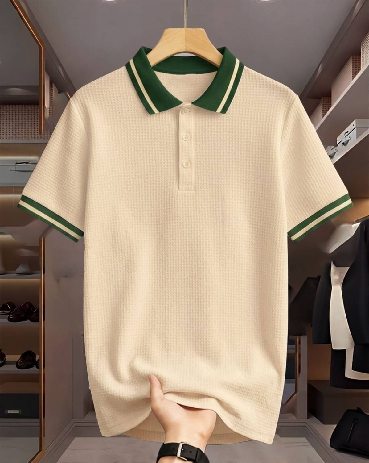 AUSK Colorblock Men Polo Neck Beige T-Shirt - Image 1