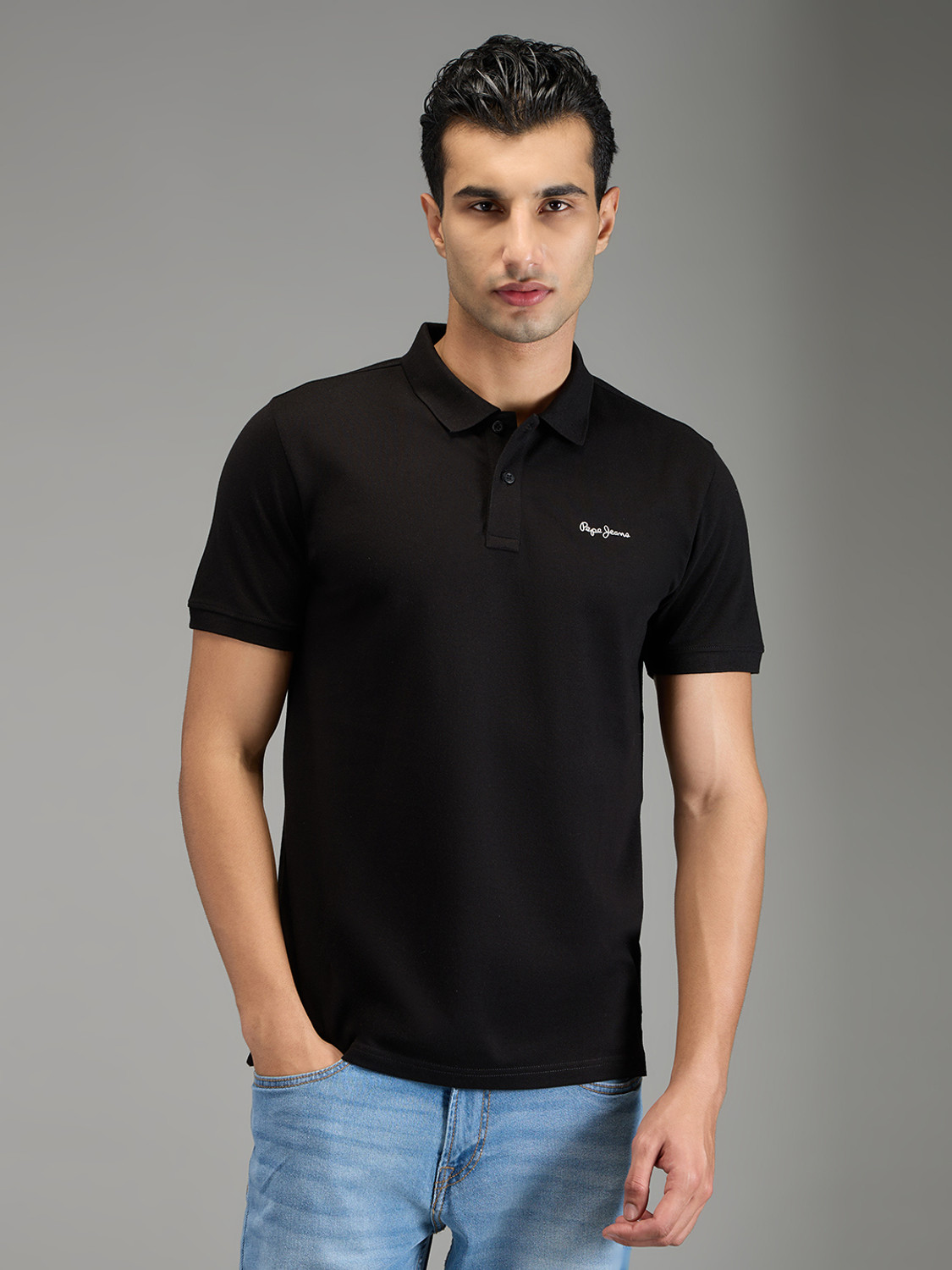 Image of Pepe Jeans Self Design Men Polo Neck Black T-Shirt