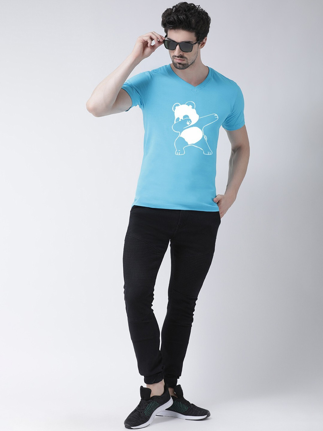 Image of FRISKERS Printed Men V Neck Light Blue T-Shirt