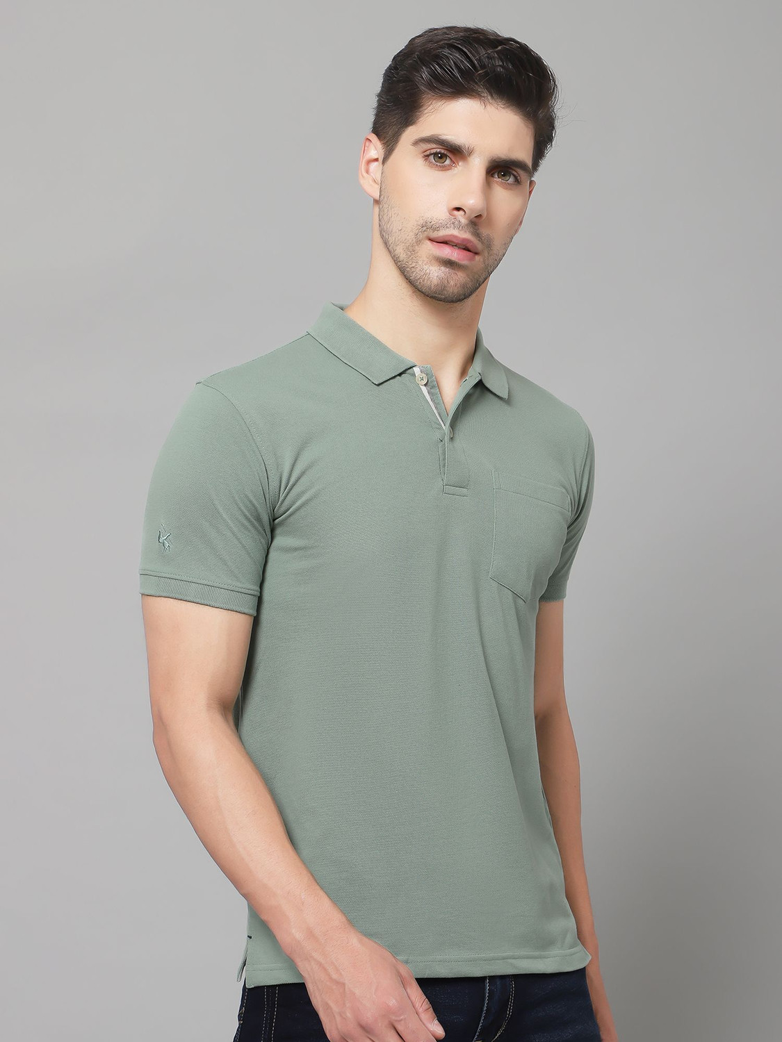 Image of CANTABIL Men Solid Polo Neck Polycotton Green T-Shirt