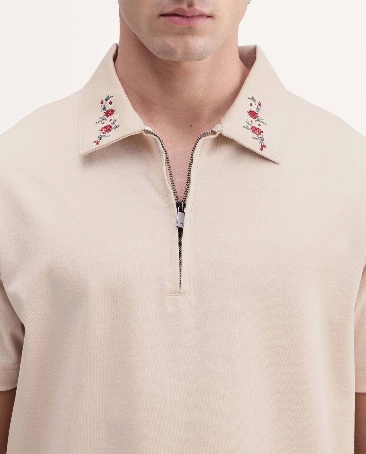 RARE RABBIT Embroidered Men Zip Neck Beige T-Shirt - Image 3