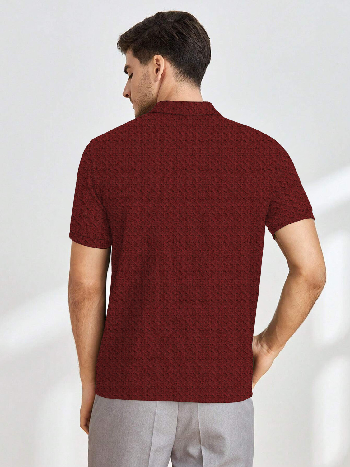 Image of KAJARU Self Design Men Zip Neck Maroon T-Shirt