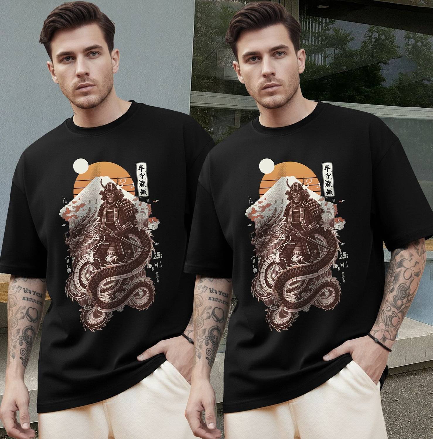 TRIPR Pack of 2 Oversized Men Printed Round Neck Cotton Blend Bla
